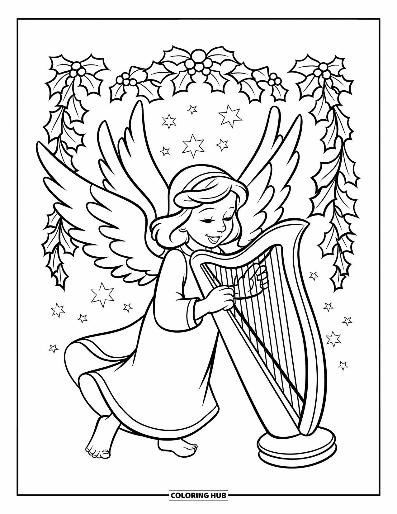 Christmas Angel Coloring Page for Kids: A joyful angel plays a harp beneath a starry garland of holly
