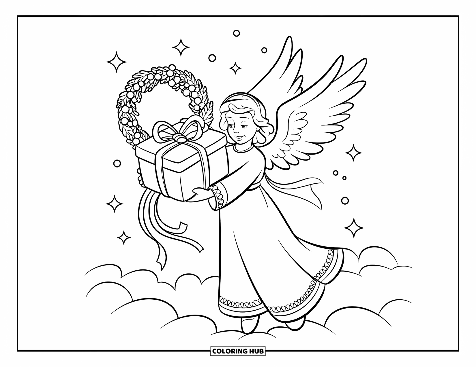 Christmas Angel Coloring Page for Kids: A ribbon-wrapped gift rests beside a cloud-standing angel under a wreath