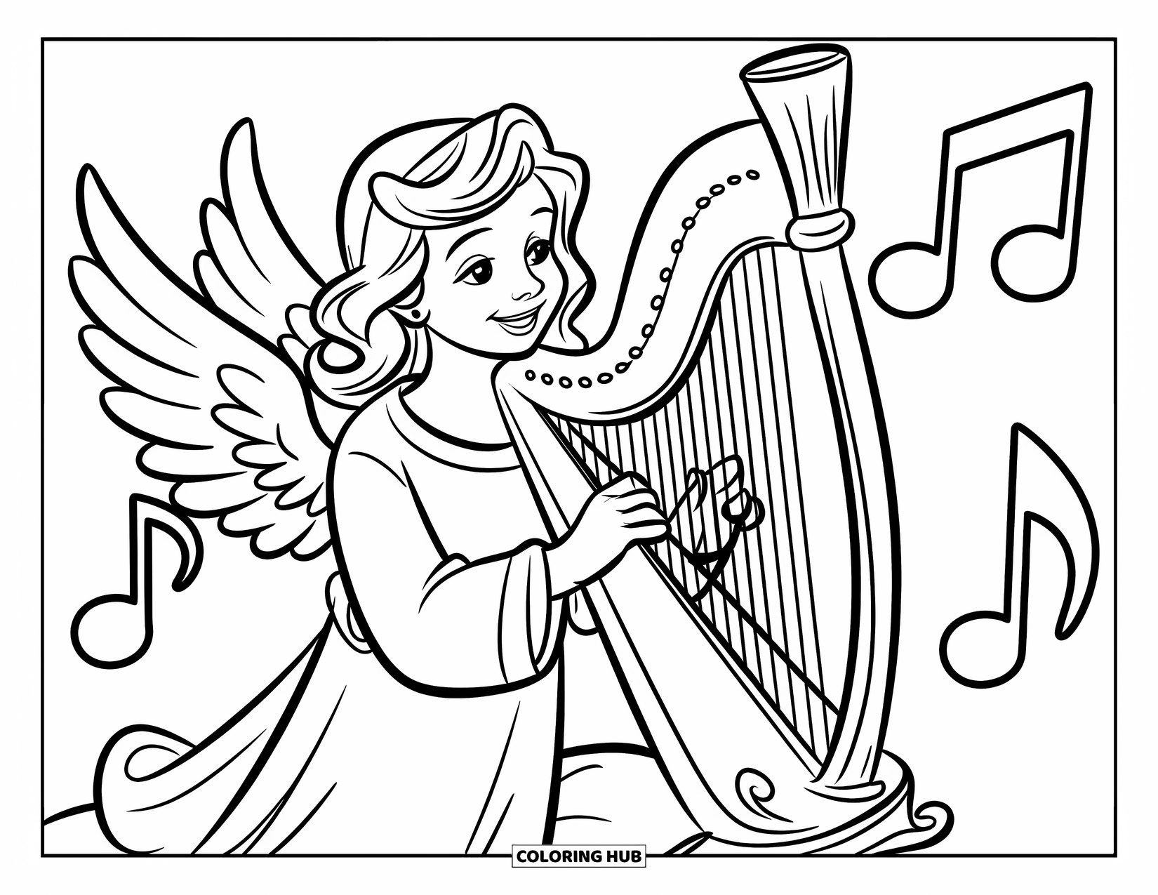Christmas Angel Coloring Page for Kids: A smiling angel plays a harp surrounded by bold musical notes