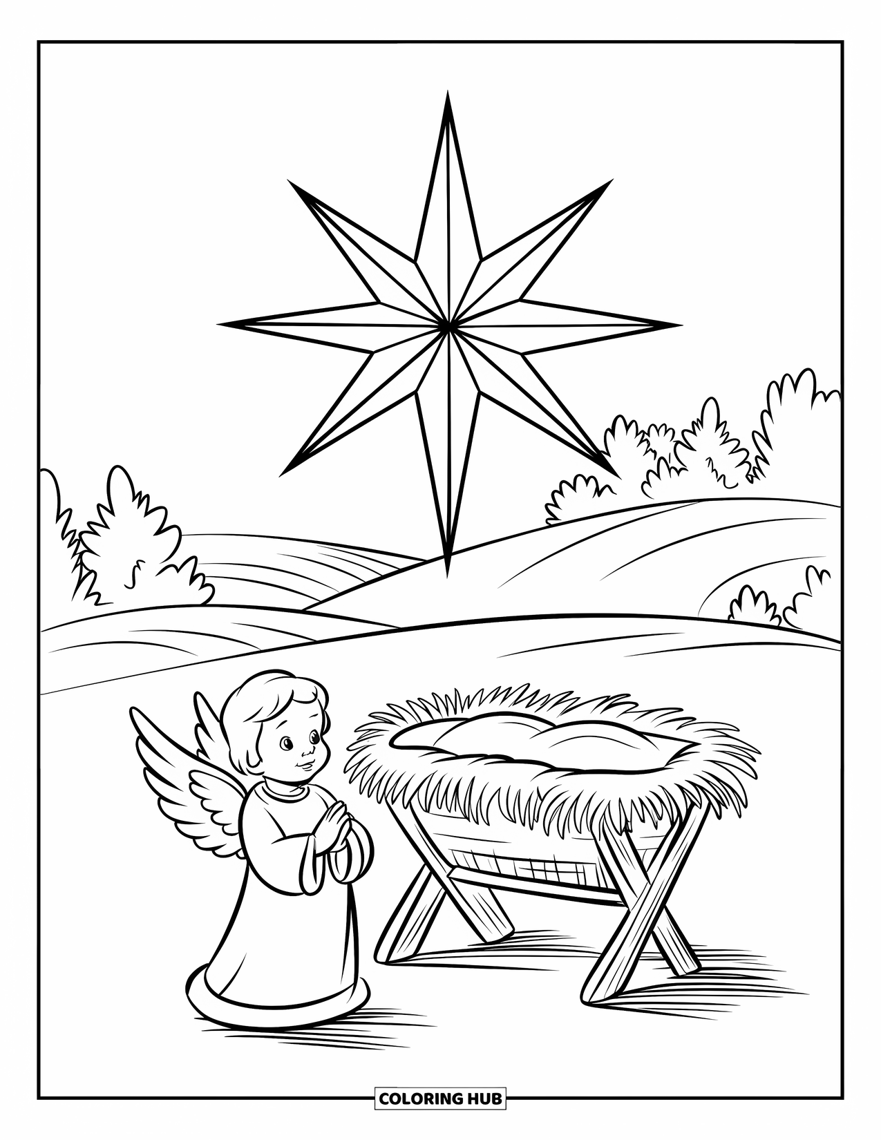 Christmas Angel Coloring Page for Kids: A sweet angel stands beside the manger under a shining Christmas star