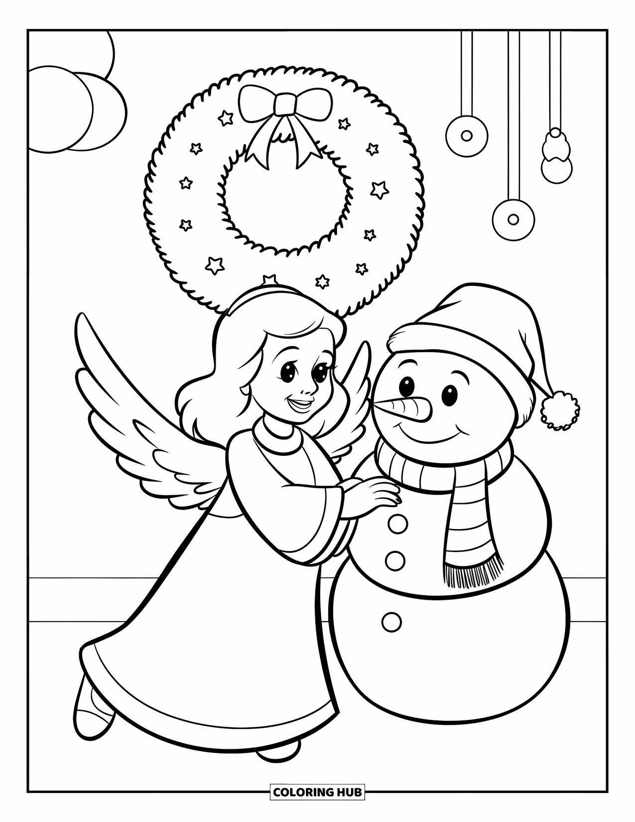 Christmas Angel Coloring Page for Kids: An angel and snowman stand together waving near a hanging wreath
