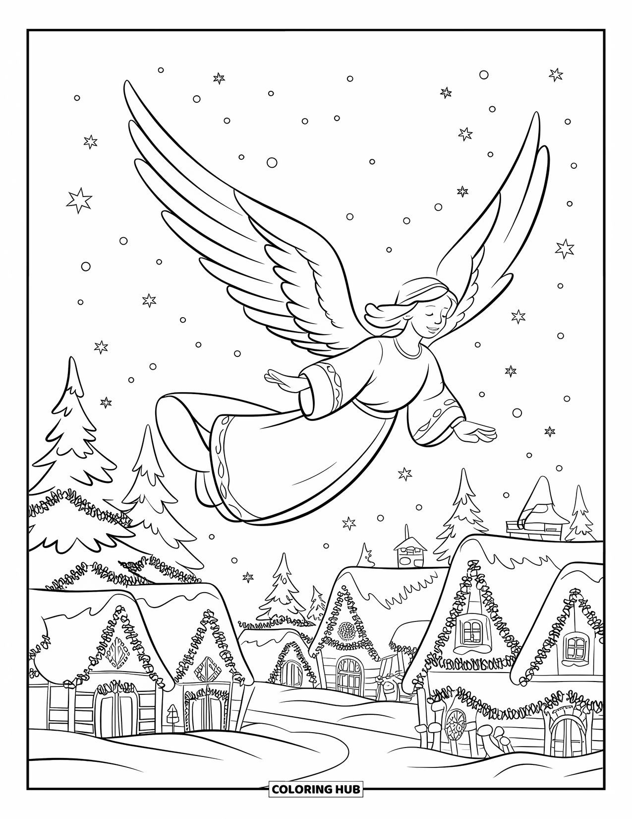 Christmas Angel Coloring Page for Kids: An angel glides over a lit-up snowy village wrapped in garlands