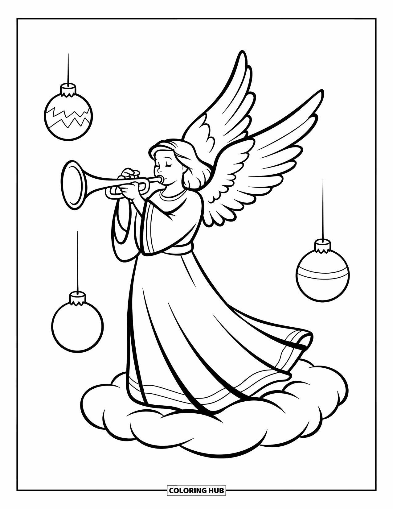 Christmas Angel Coloring Page for Kids: An angel in a red robe plays a trumpet above the clouds with ornaments