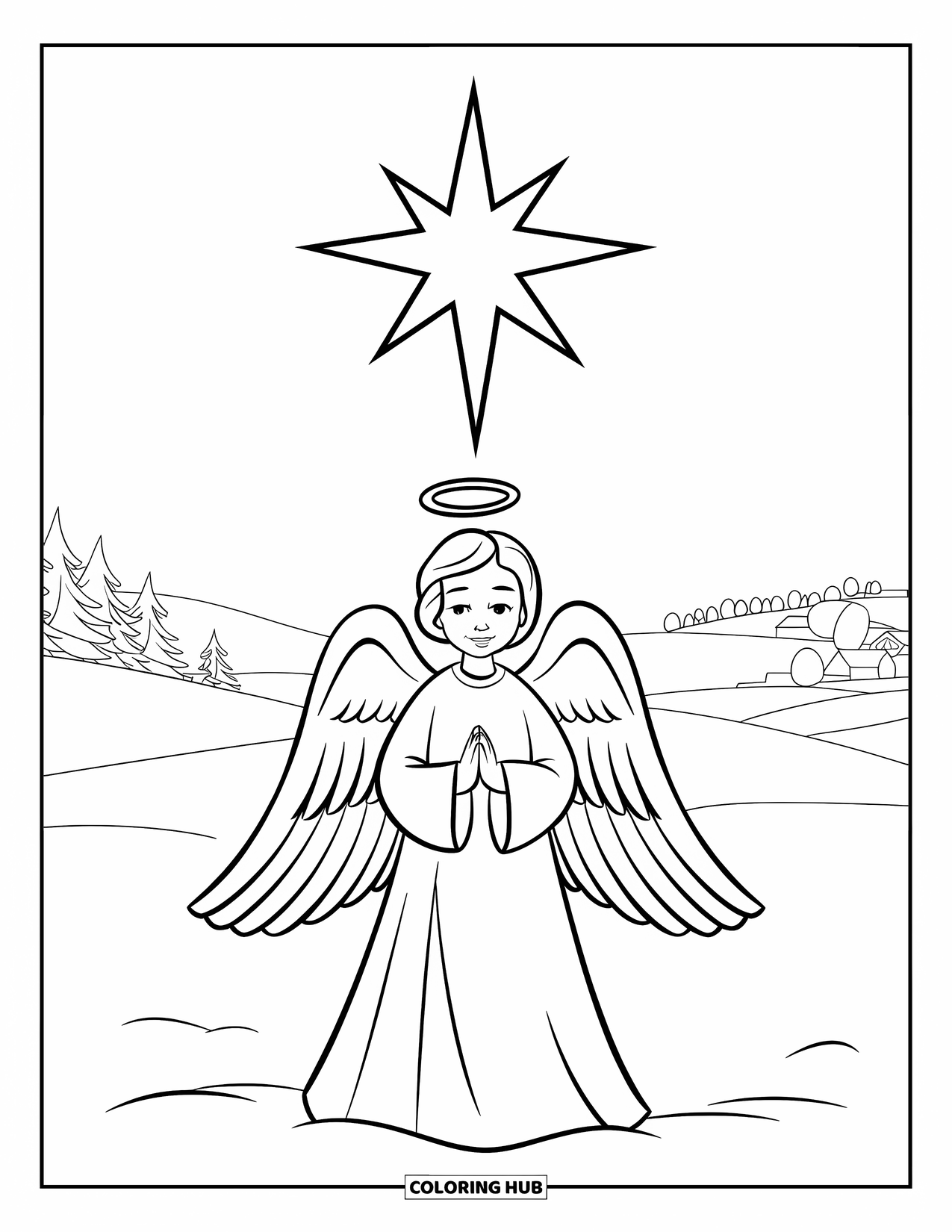 Christmas Angel Coloring Page for Kids: An angel in white stands beneath a Christmas star in a snowy field