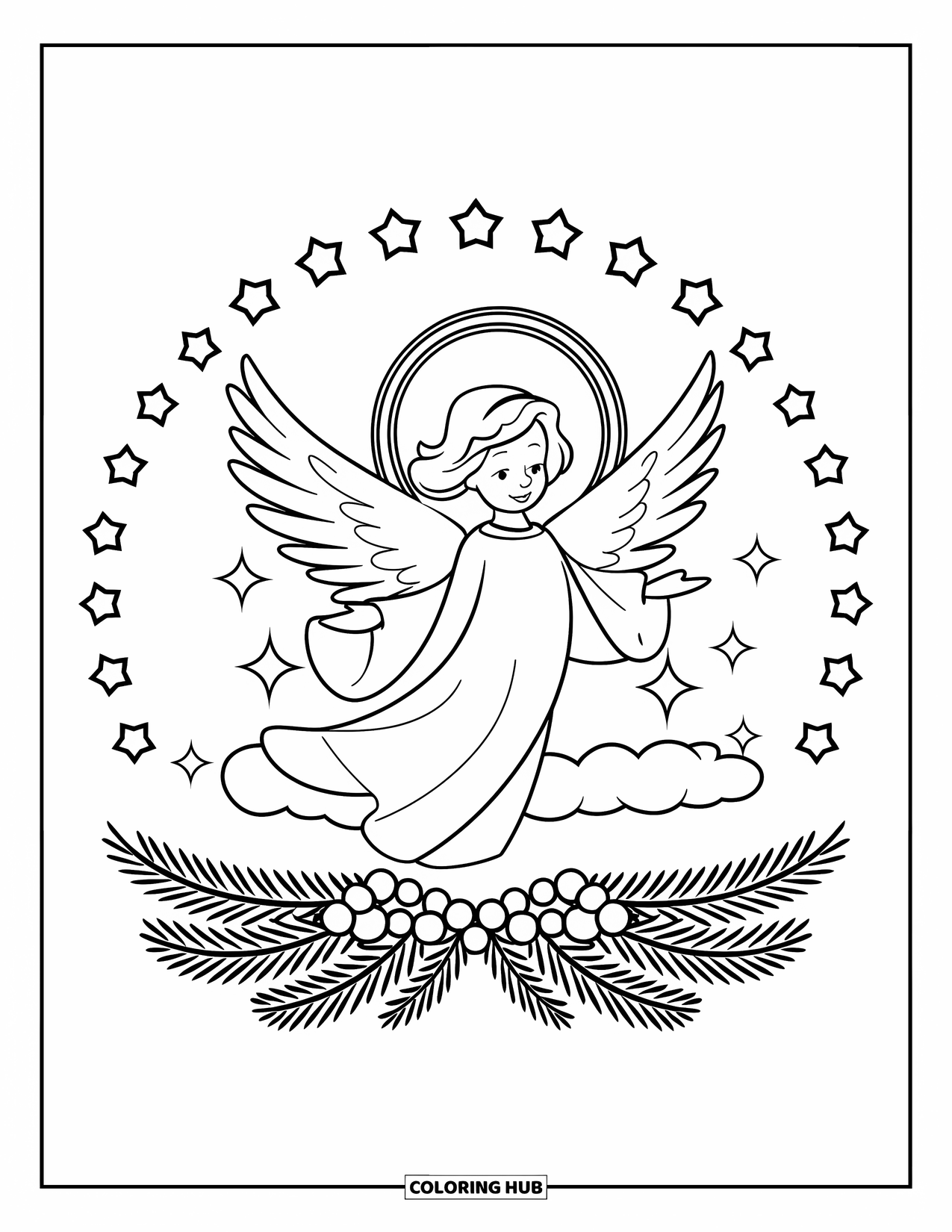 Christmas Angel Coloring Page for Kids: An angel stands on a cloud surrounded by stars and pinecones