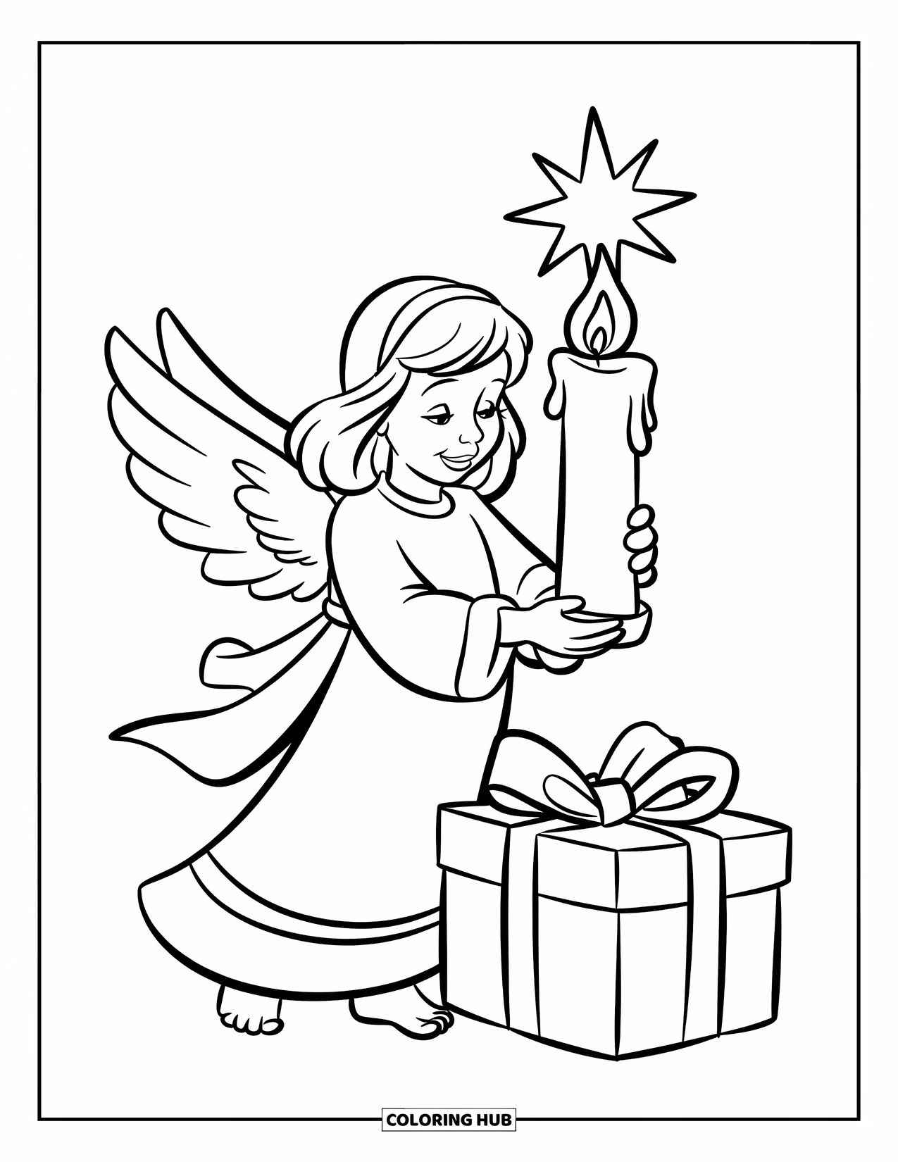 Christmas Angel Coloring Page for Kids: An angel with wings holds a large candle next to a wrapped gift
