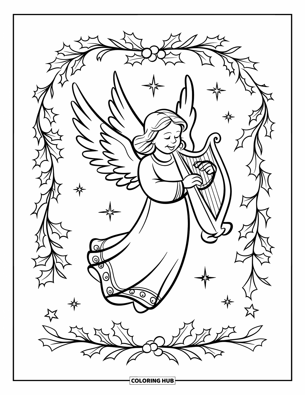 Christmas Angel Coloring Page for Kids: An angel with wings strums a harp under festive holly and twinkling stars