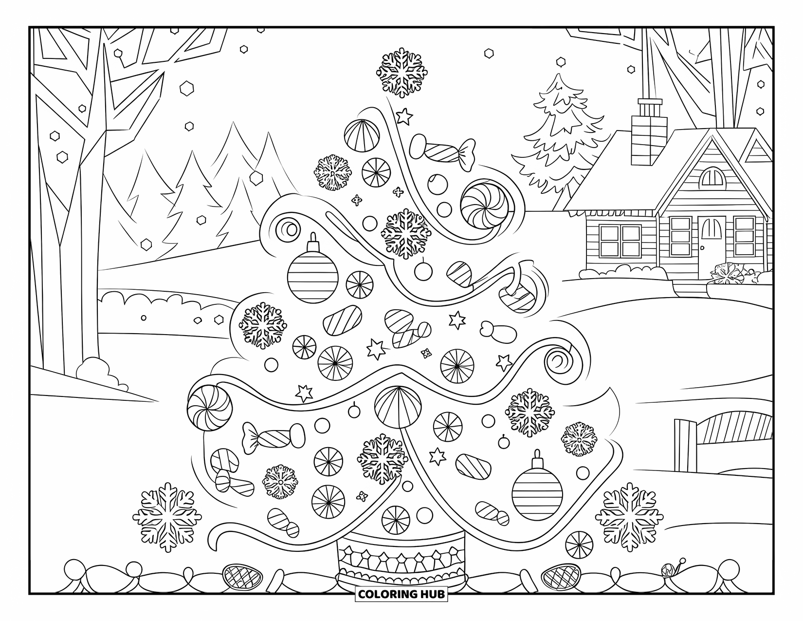 Christmas Candy Coloring Page for Adults: A candy-covered Christmas tree sparkles with snowflakes and sits by a snowy cottage