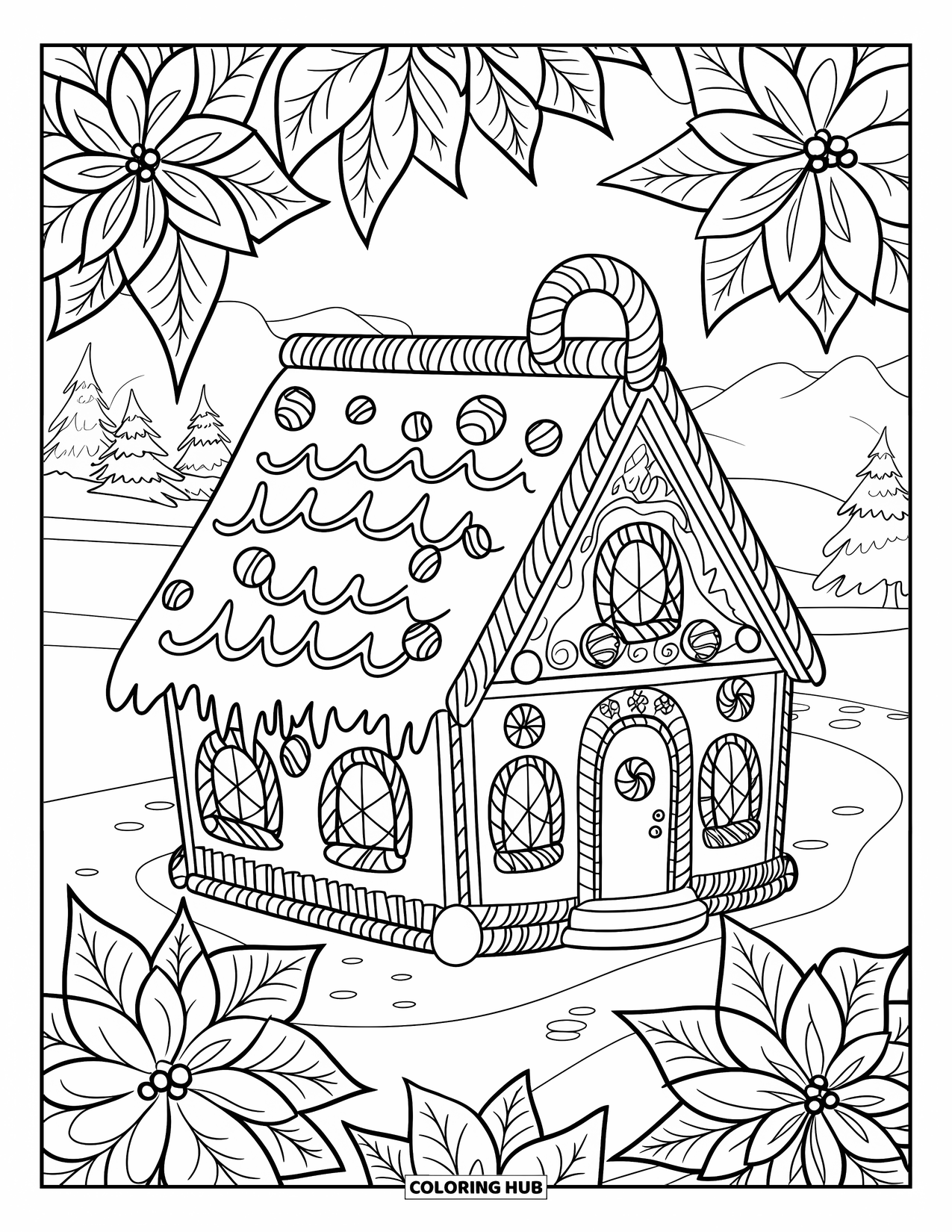Christmas Candy Coloring Page for Adults: A cozy candy house with poinsettia mandalas sits in a snowy forest