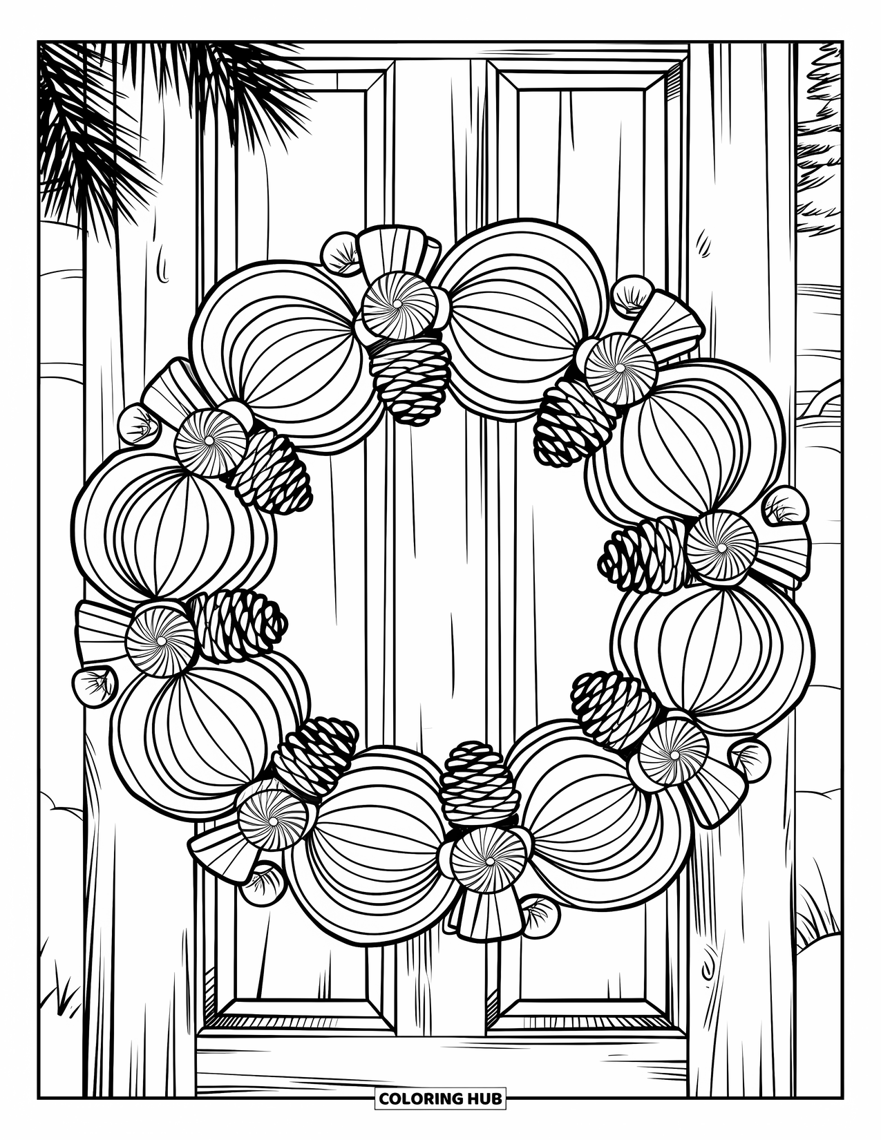 Christmas Candy Coloring Page for Adults: A detailed wreath of candies and pinecones hangs on a rustic door in the snow