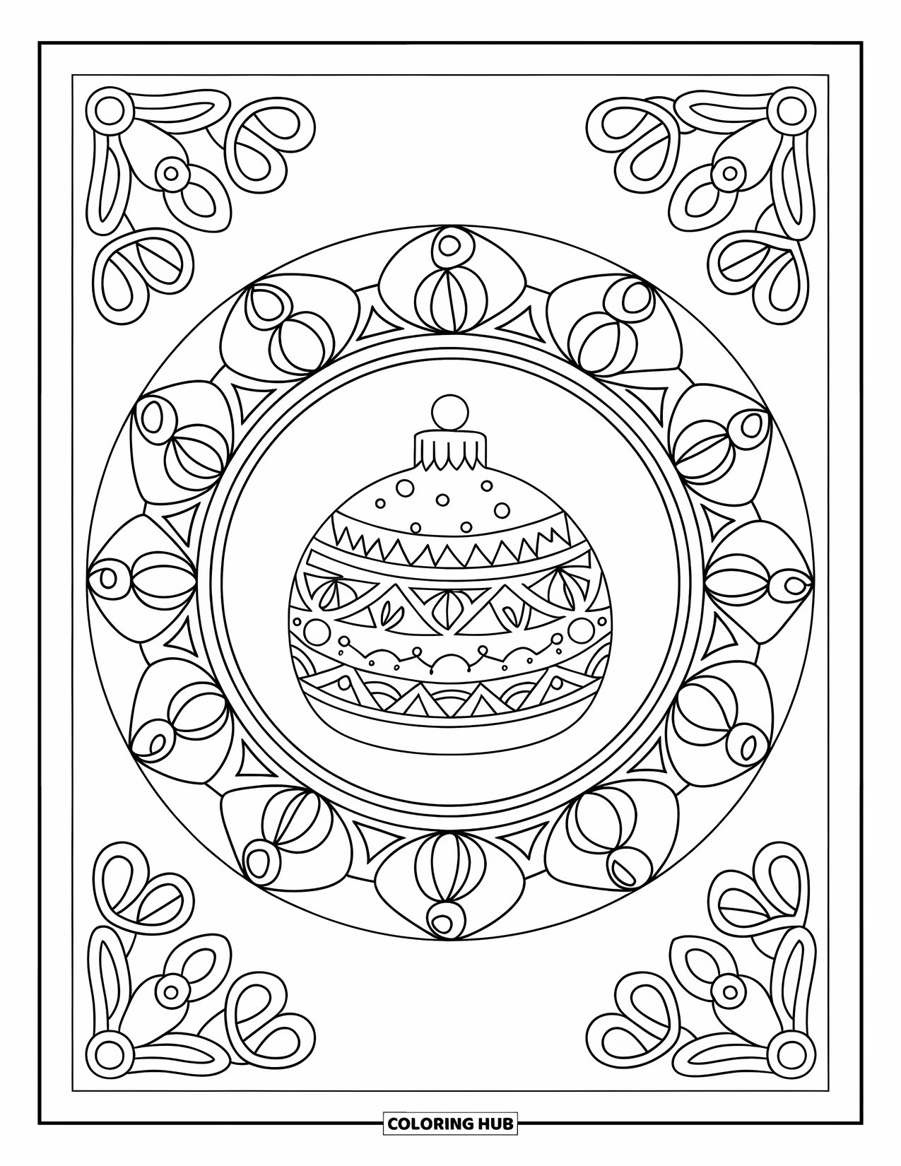 Christmas Candy Coloring Page for Adults: A fancy Christmas truffle sits inside a candy-floral circle with intricate patterns