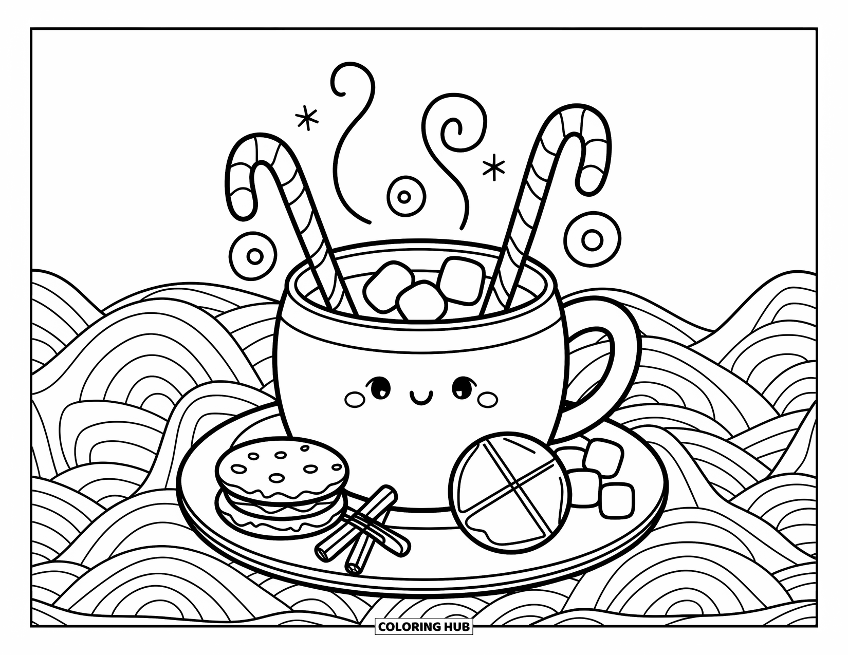 Christmas Candy Coloring Page for Adults: A festive mug with candy and cinnamon sits on a cute, cozy plate