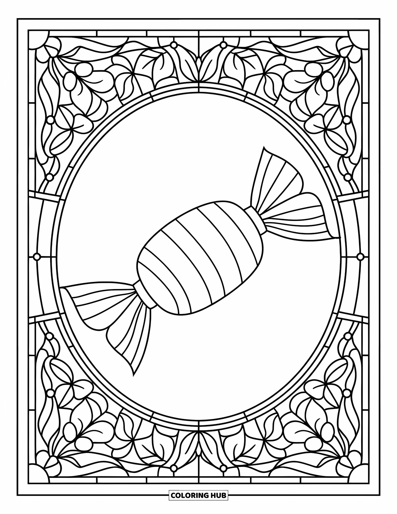 Christmas Candy Coloring Page for Adults: A striped peppermint rests in stained glass vines and leaves with bold outlines