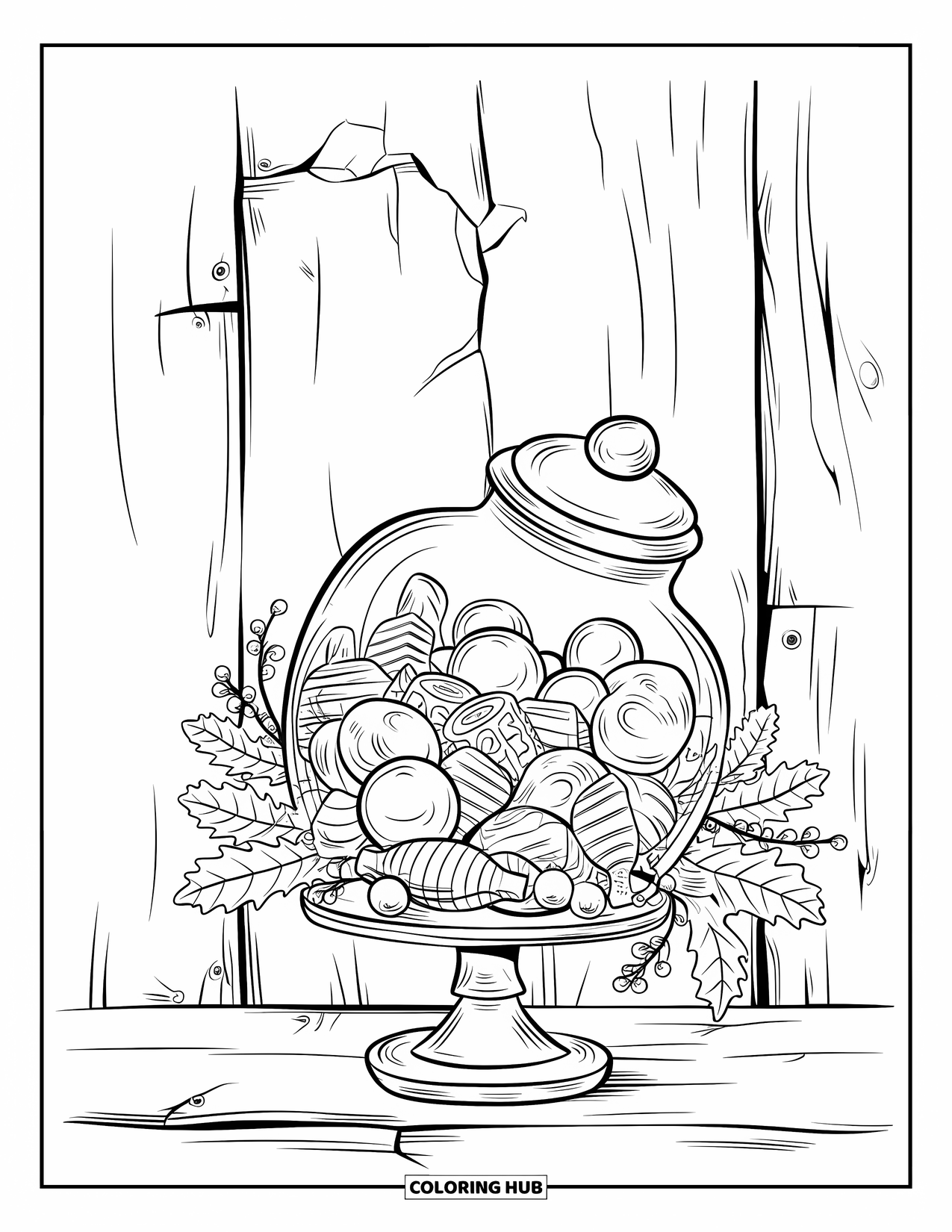 Christmas Candy Coloring Page for Adults: A vintage candy jar overflows with sweets, framed by vines and a weathered wall