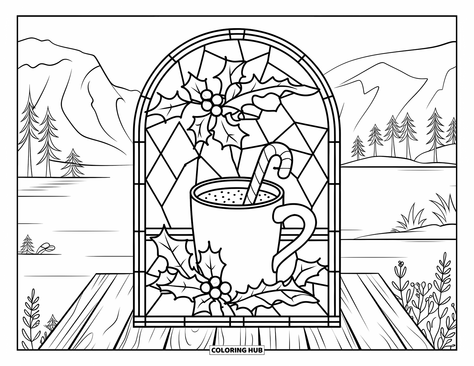 Christmas Candy Coloring Page for Adults: A warm cocoa mug shines in a vintage stained glass frame by a snowy lake