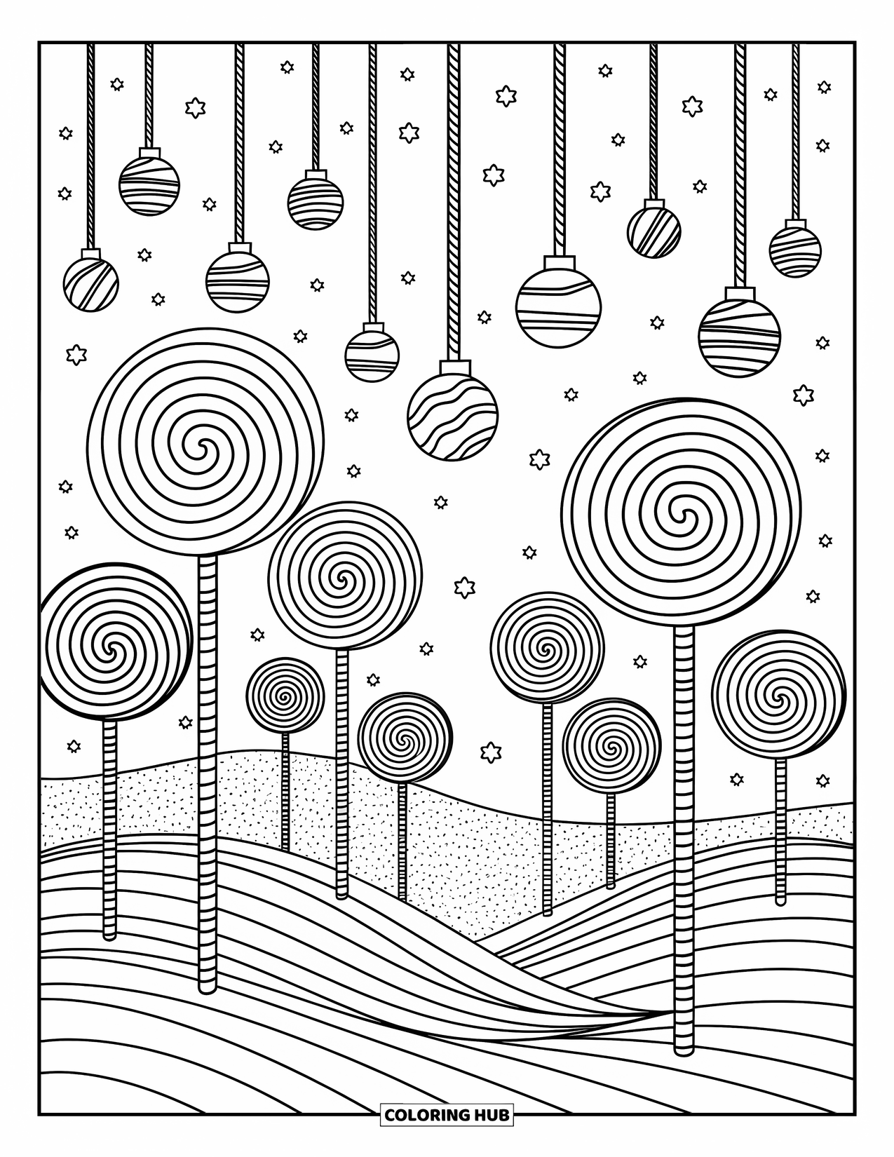 Christmas Candy Coloring Page for Adults: Lollipop trees and candy canes grow tall across a snowy wonderland