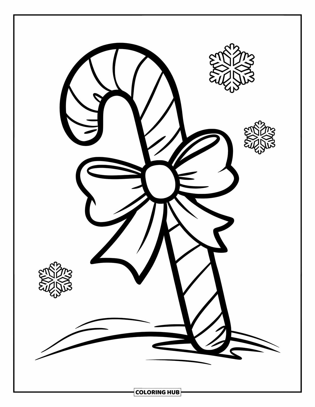 Christmas Candy Coloring Page for Kids: A big candy cane with a bow stands on snowy ground