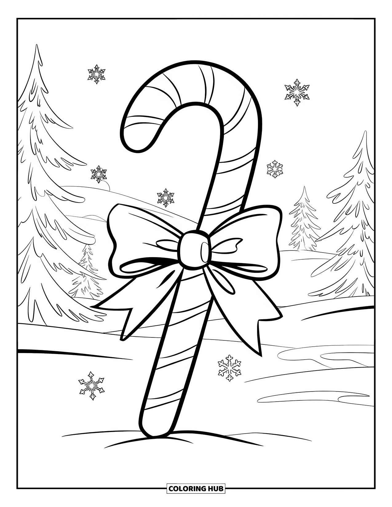 Christmas Candy Coloring Page for Kids: A candy cane with a red bow sits in a winter wonderland