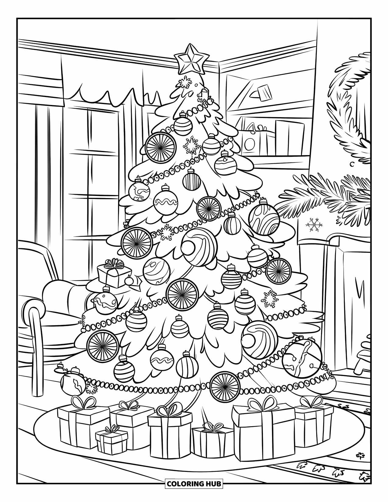 Christmas Candy Coloring Page for Kids: A candy-covered Christmas tree glows beside a fireplace and wrapped gifts