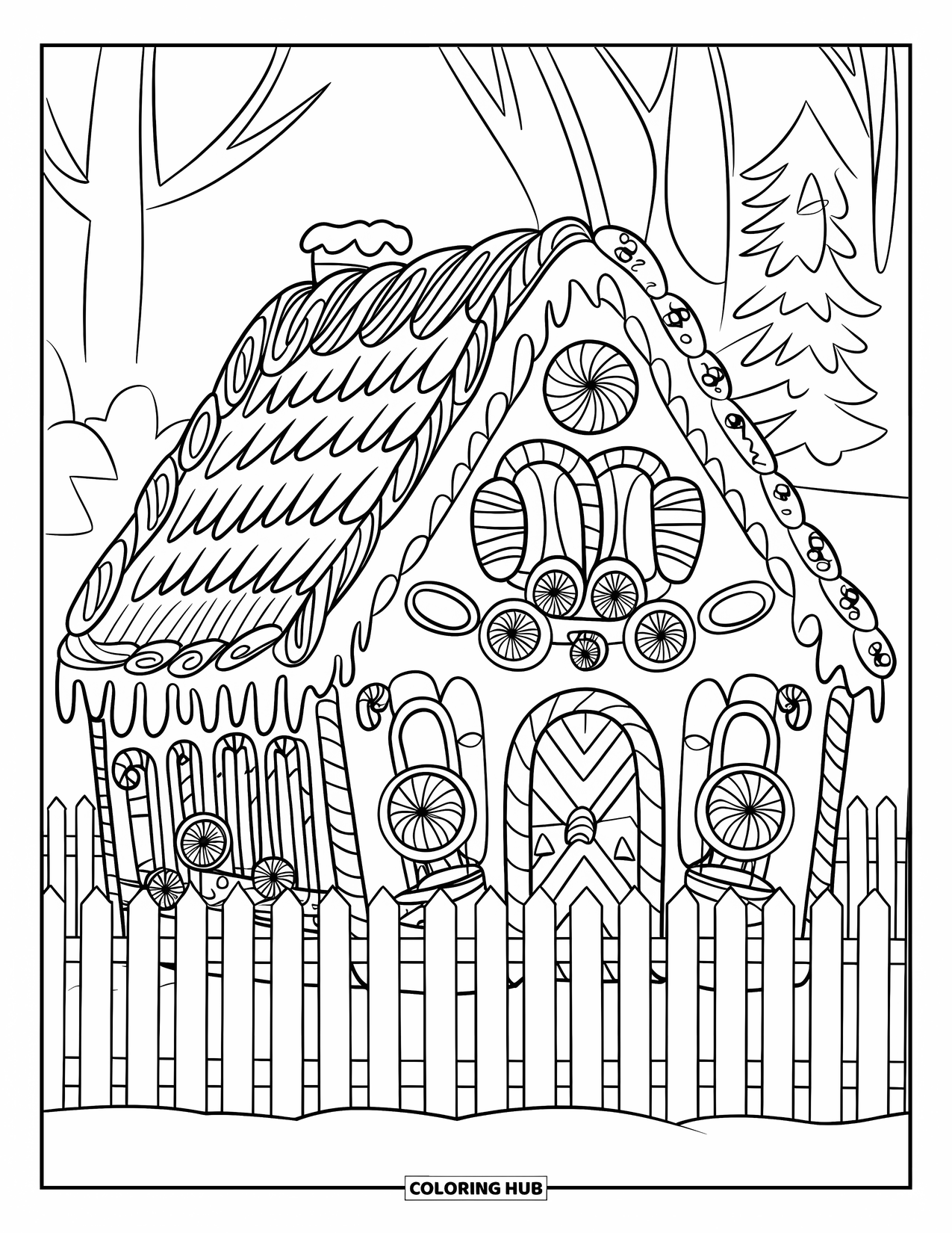 Christmas Candy Coloring Page for Kids: A candy-covered gingerbread house with a picket fence rests in snowy woods