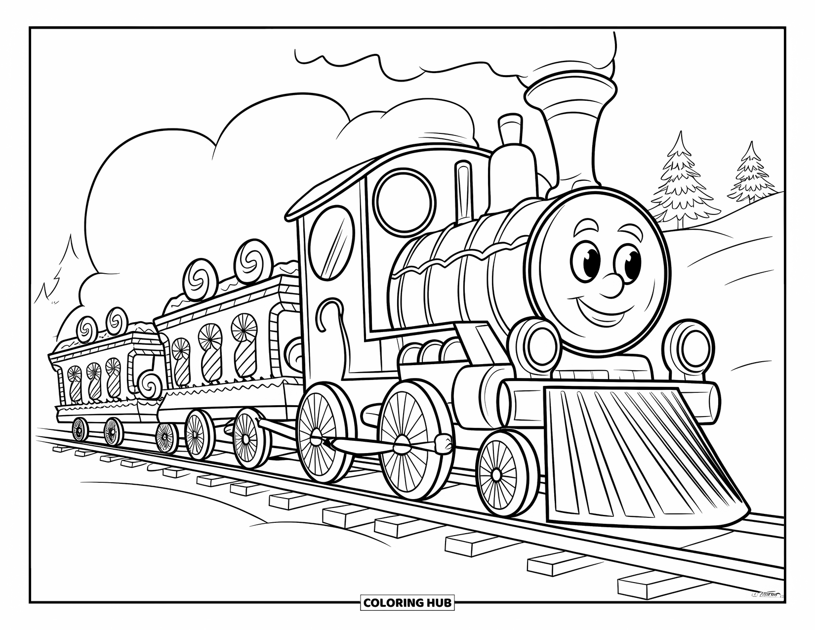 Christmas Candy Coloring Page for Kids: A candy-filled gingerbread train chugs through a snowy forest