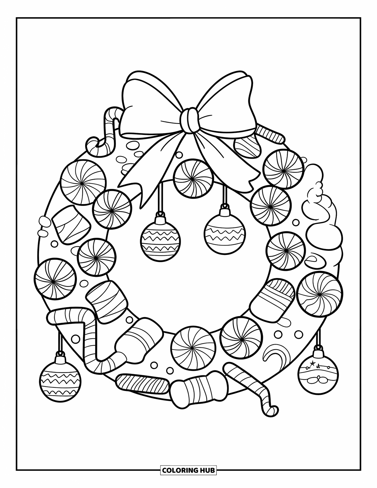 Christmas Candy Coloring Page for Kids: A candy wreath made of peppermints and gumdrops has a big ribbon on top