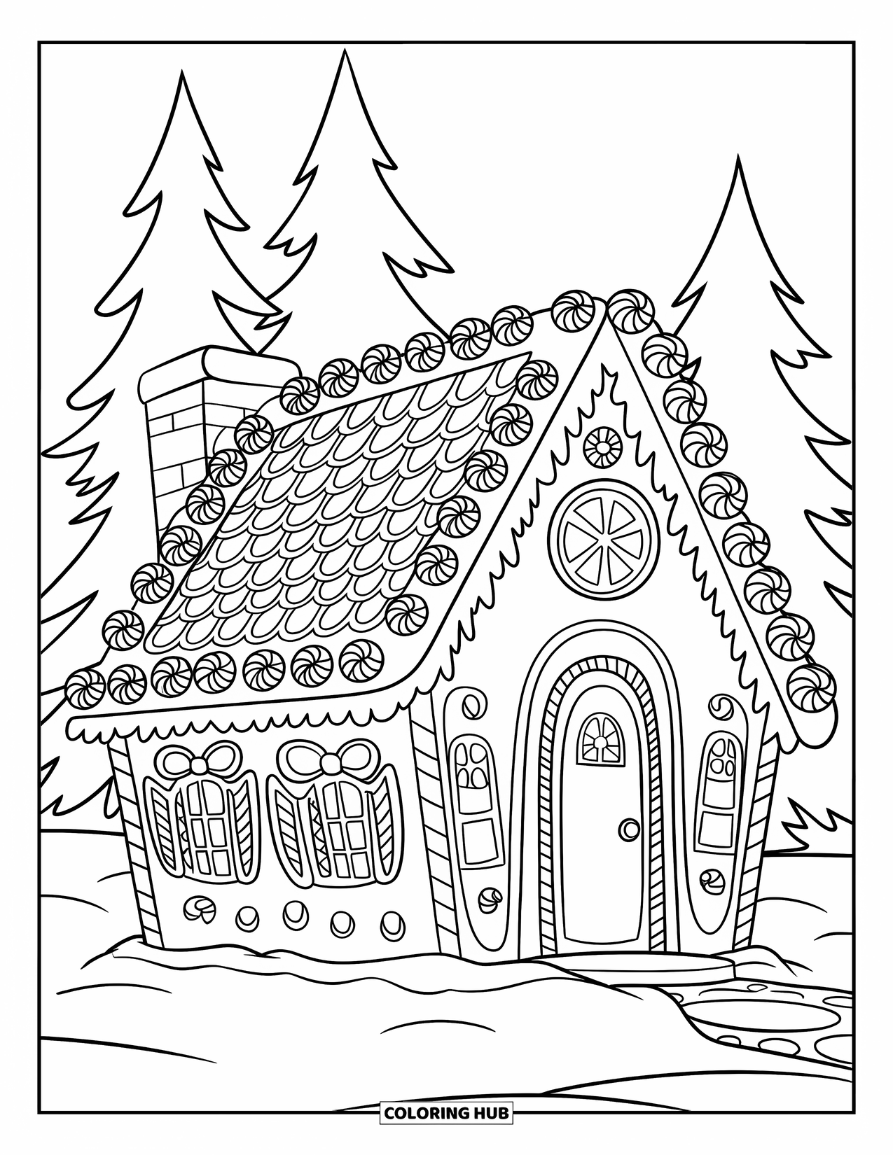 Christmas Candy Coloring Page for Kids: A gingerbread house covered in candy sits on snowy ground