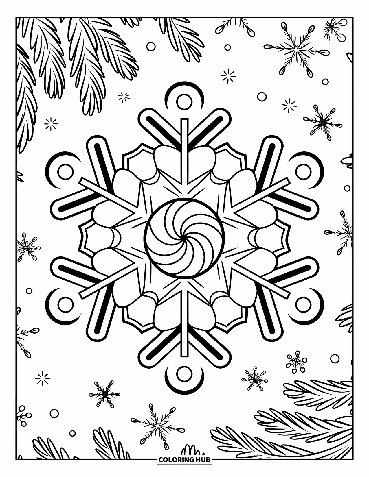 Christmas Candy Coloring Page for Kids: A peppermint snowflake floats with garlands and mistletoe in the air