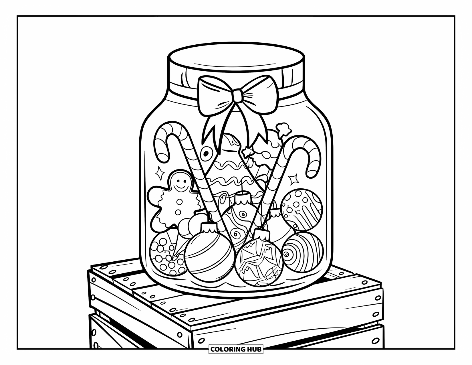 Christmas Candy Coloring Page for Kids: A ribbon-tied candy jar rests on a crate, filled with sweets