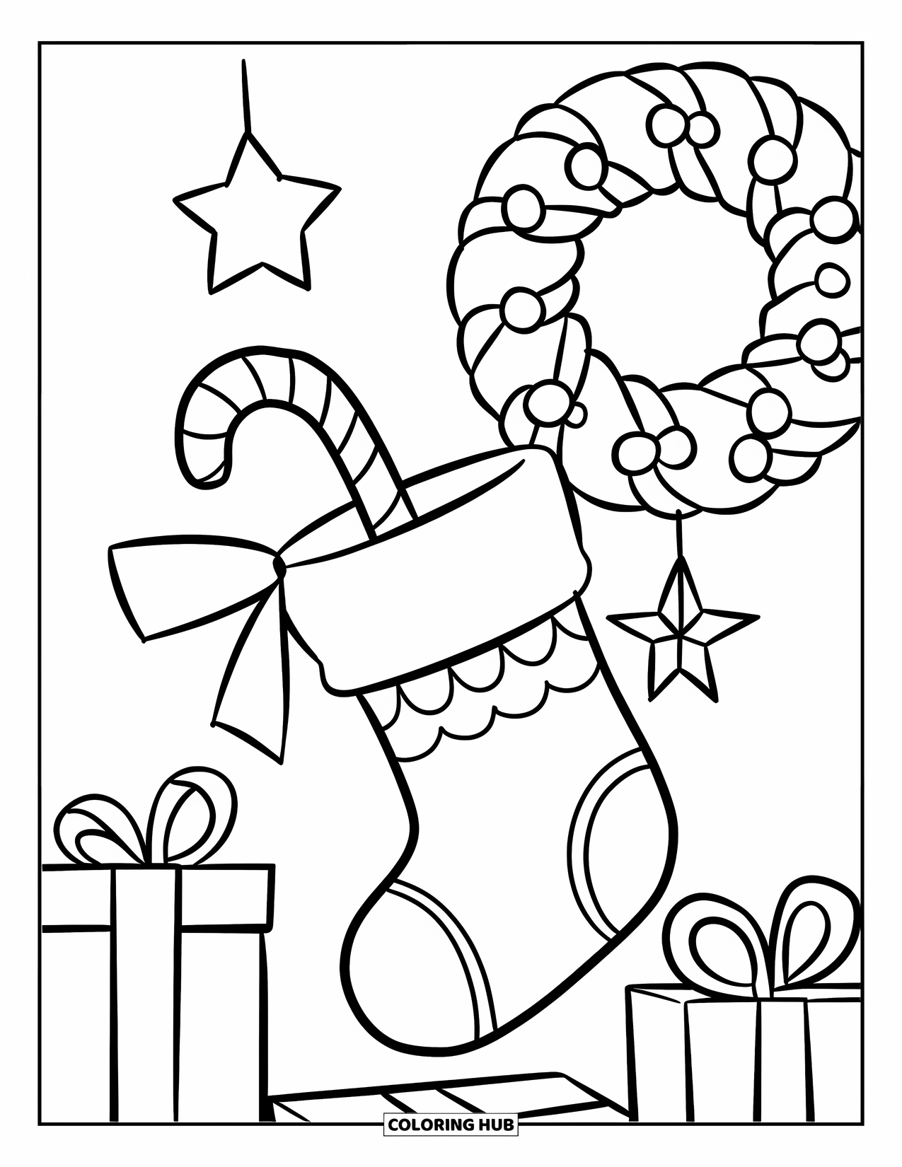Christmas Candy Coloring Page for Kids: A simple stocking with candy cane hangs near stars and a wreath