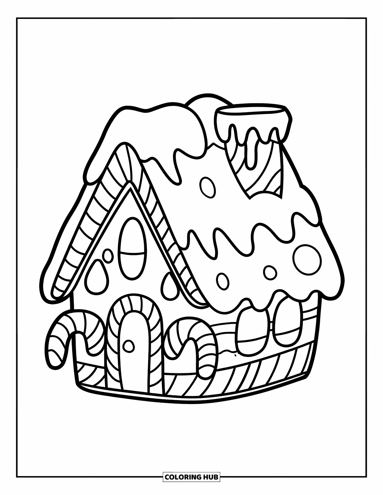 Christmas Candy Coloring Page for Kids: A snowy candy house has gumdrops and a candy cane chimney