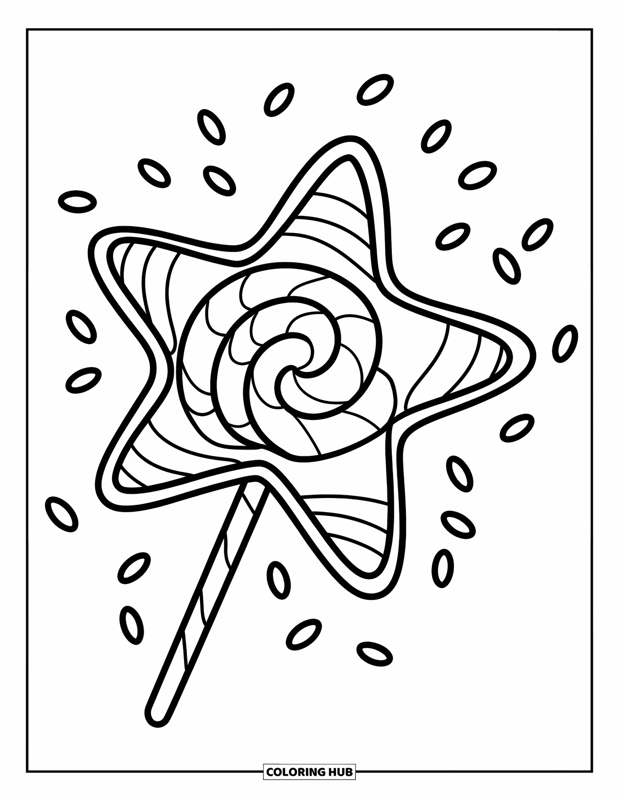 Christmas Candy Coloring Page for Kids: A star-shaped lollipop sparkles with floating sprinkles