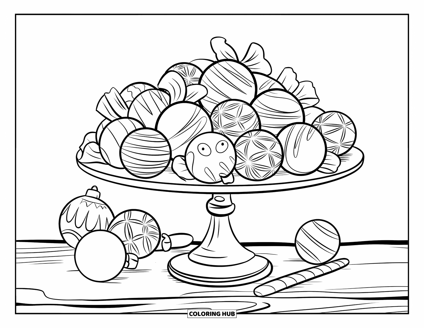 Christmas Candy Coloring Page for Kids: A tray of holiday truffles and bonbons sits beside ornaments and a candy cane