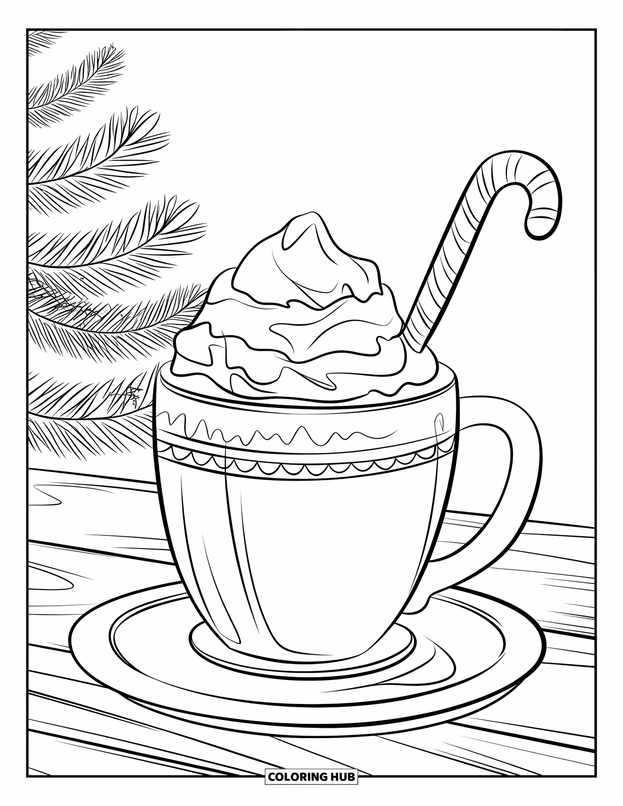 Christmas Candy Coloring Page for Kids: A warm mug of cocoa with whipped cream and candy sits by the tree