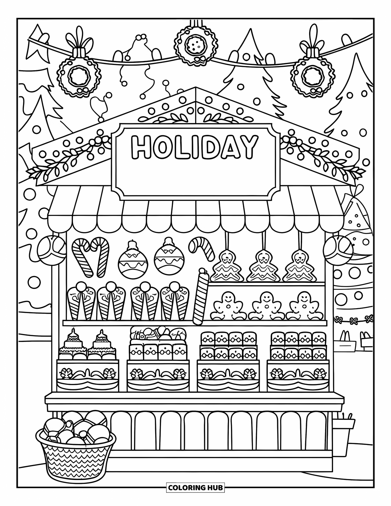 Christmas Candy Coloring Page for Kids: Candy canes and chocolate bars fill a festive holiday candy stall