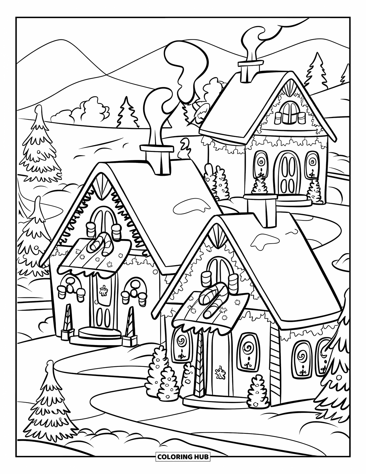 Christmas Candy Coloring Page for Kids: Candy-covered village houses puff chimney smoke in a snowy setting
