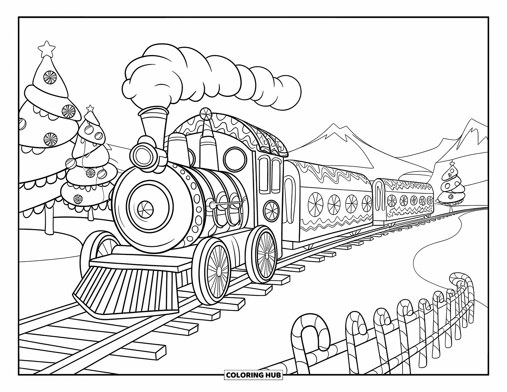 Christmas Candy Coloring Page for Kids: Gingerbread train cars roll along snowy tracks past candy-decorated trees and a village