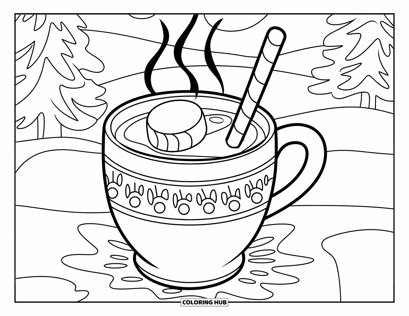Christmas Candy Coloring Page for Kids: Hot cocoa with candy and steam sits in a snowy forest