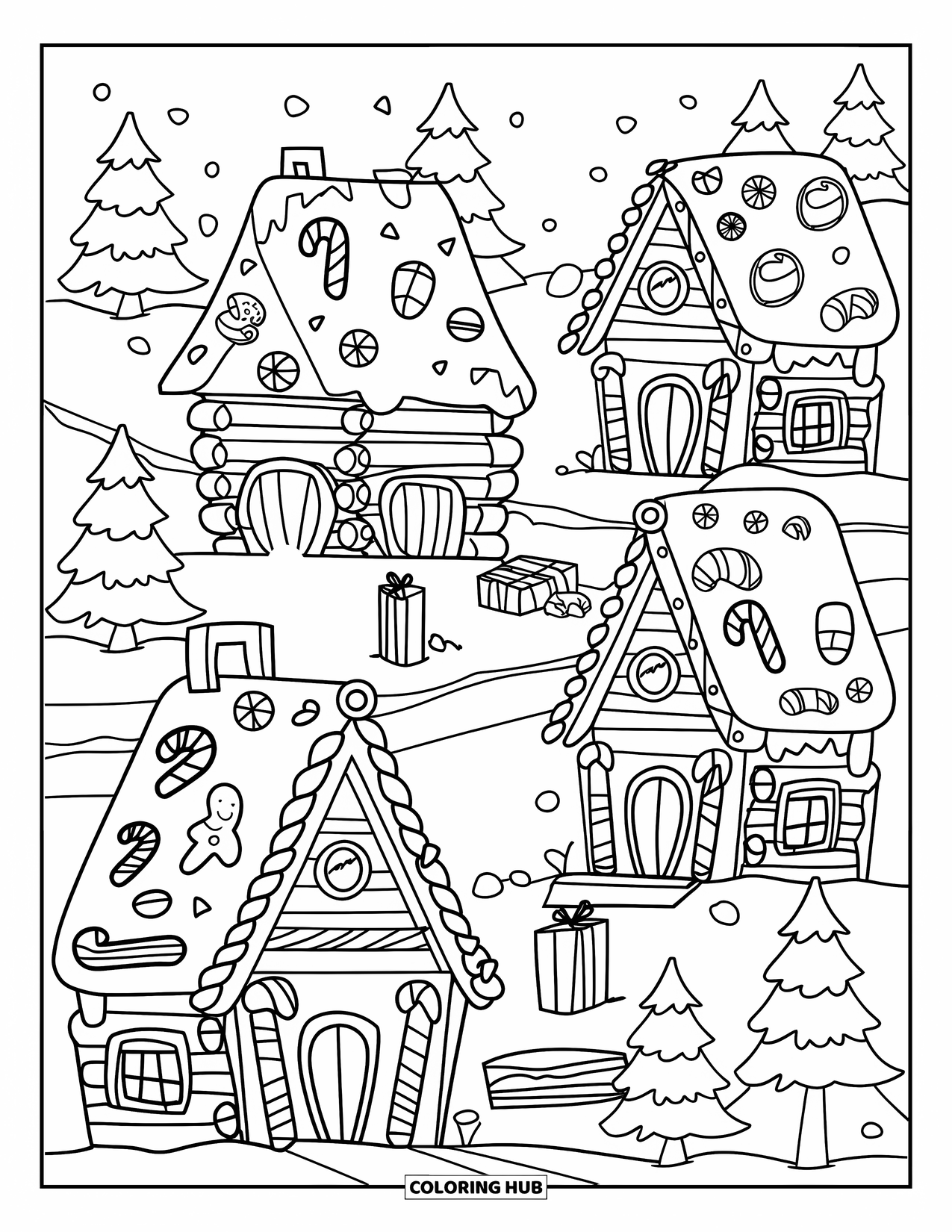 Christmas Candy Coloring Page for Kids: Log houses with candy roofs sit on a snowy path