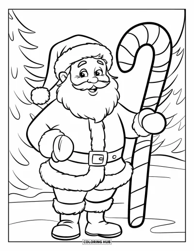Vánoční omalovánka s cukrovinkami pro děti: Santa stojí ve sněhu u slavnostní cedule z cukrové tyčinky