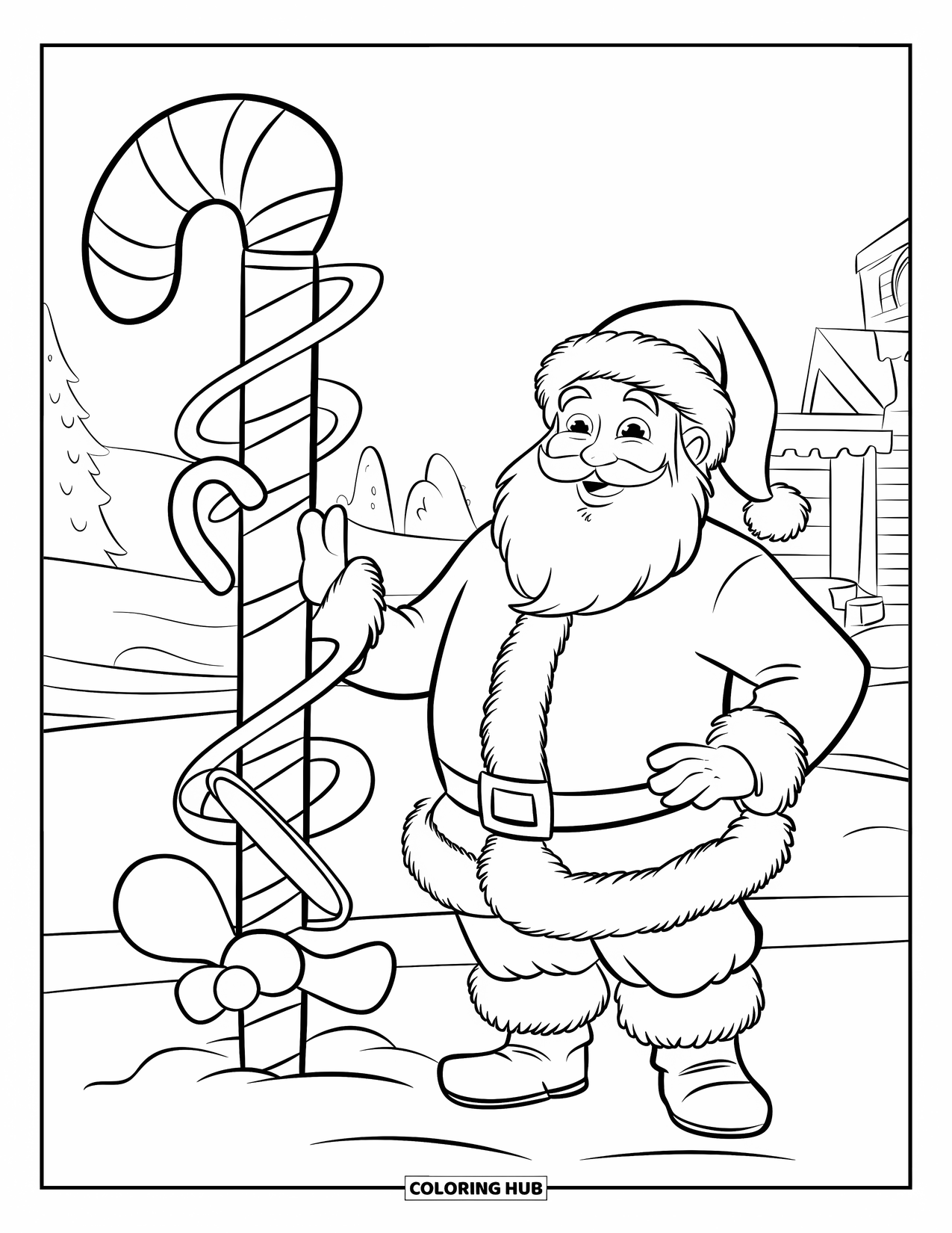 Christmas Candy Coloring Page for Kids: Santa waves near a towering candy cane sign in a snowy village