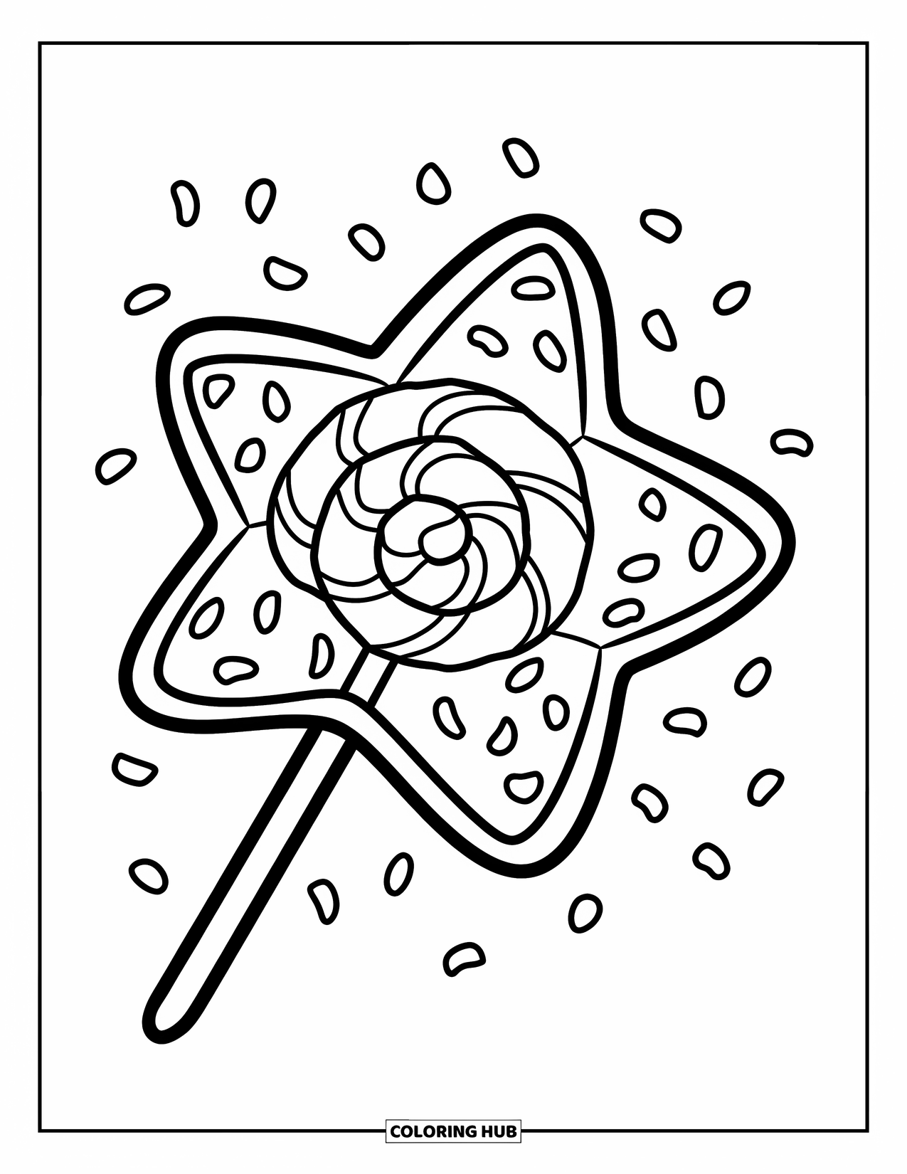 Christmas Candy Coloring Page for Kids: Sprinkles float around a festive star-shaped candy lollipop