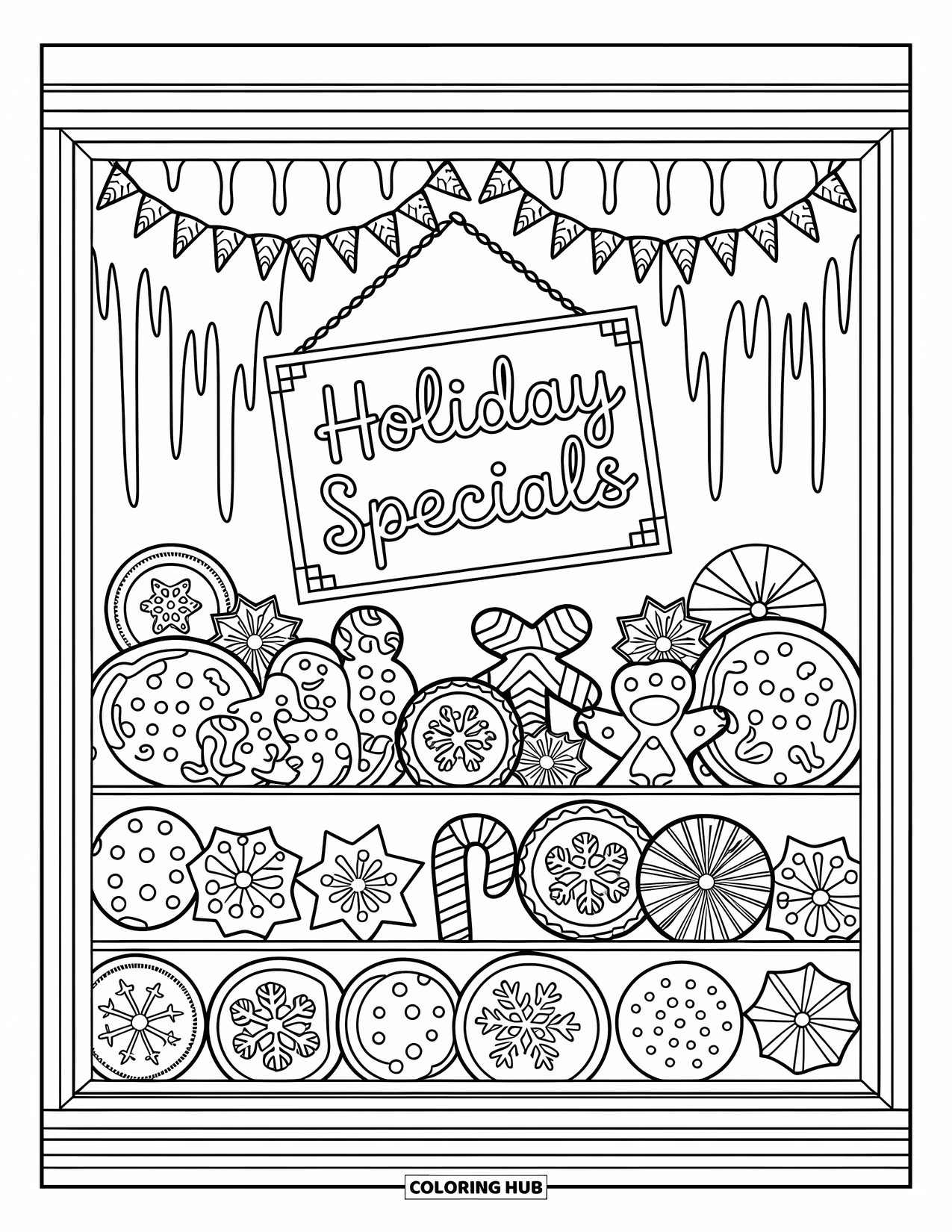 Christmas Cookie Coloring Page for Adults: A bakery window overflows with sweet cookies and a "Holiday Specials" sign