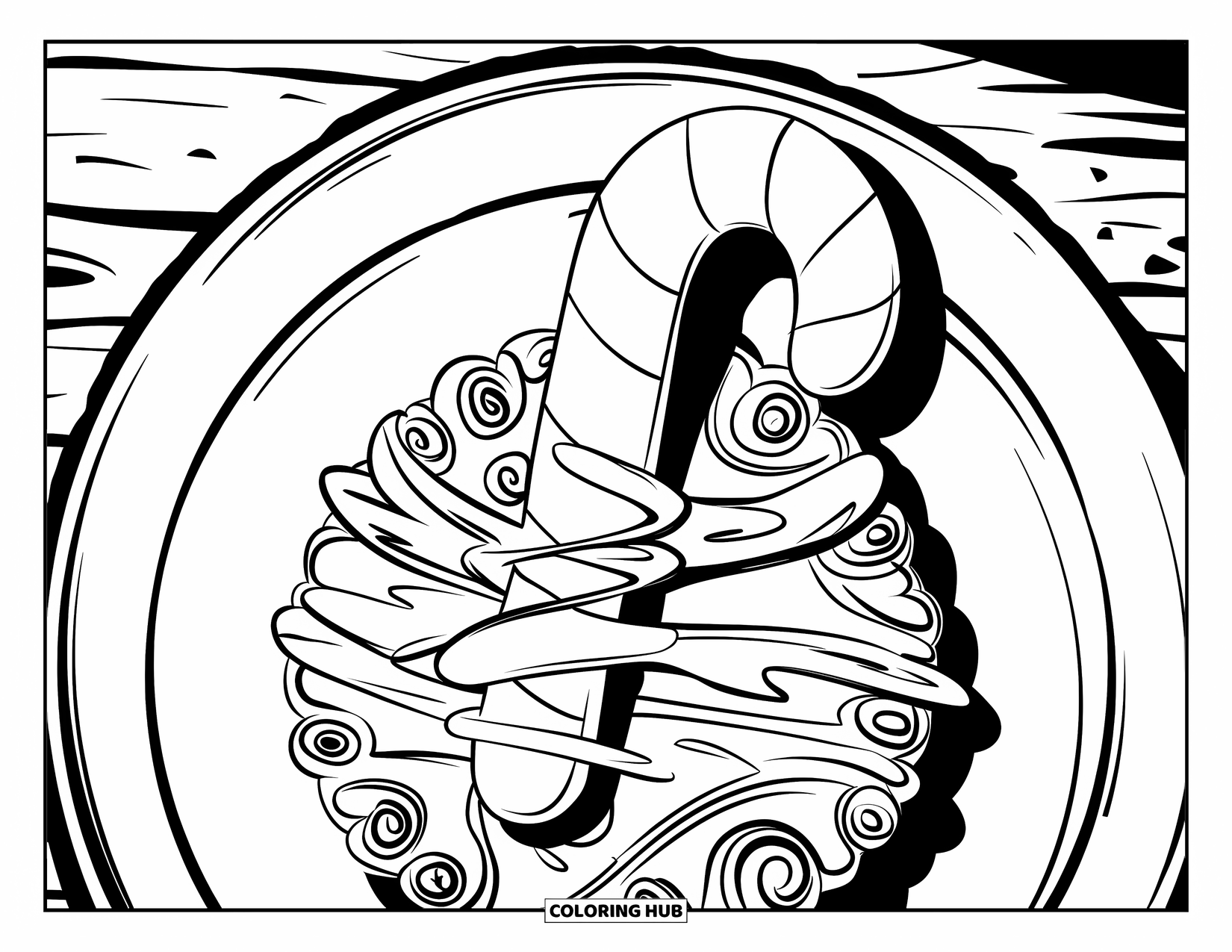 Christmas Cookie Coloring Page for Adults: A candy cane cookie rests on a plate with swirling mandala patterns