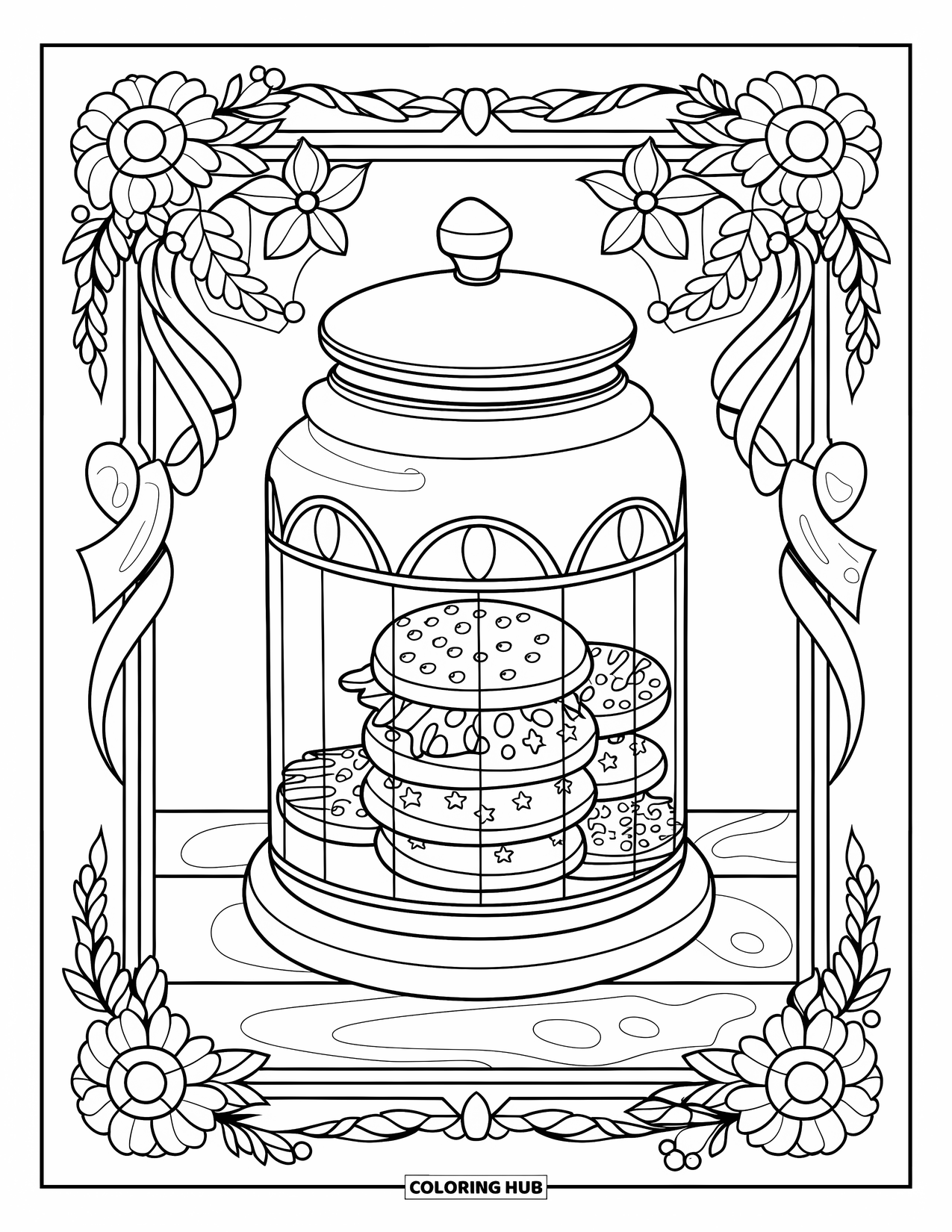 Christmas Cookie Coloring Page for Adults: A cookie jar in stained glass rests on a wooden base with floral borders