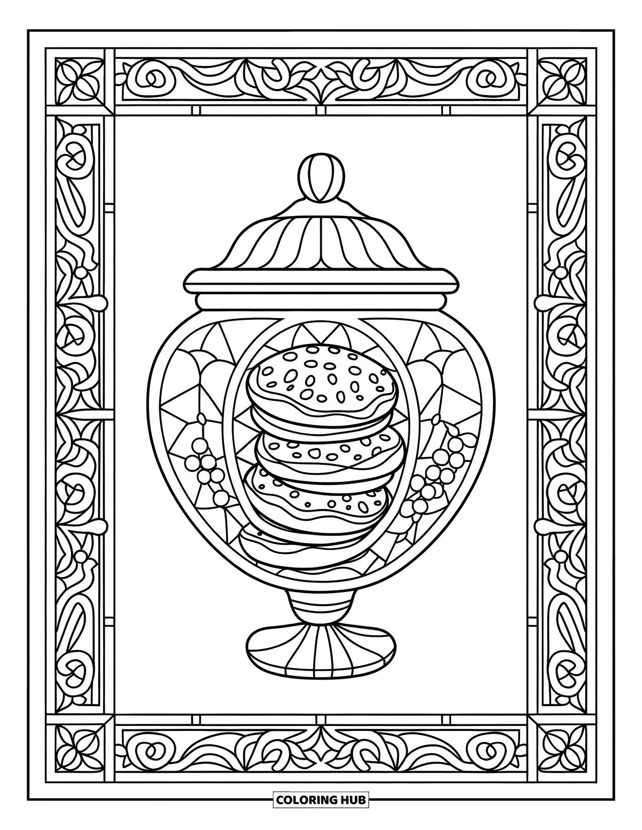 Christmas Cookie Coloring Page for Adults: A cookie jar with stacked sweets rests on a wooden stand with patterned borders