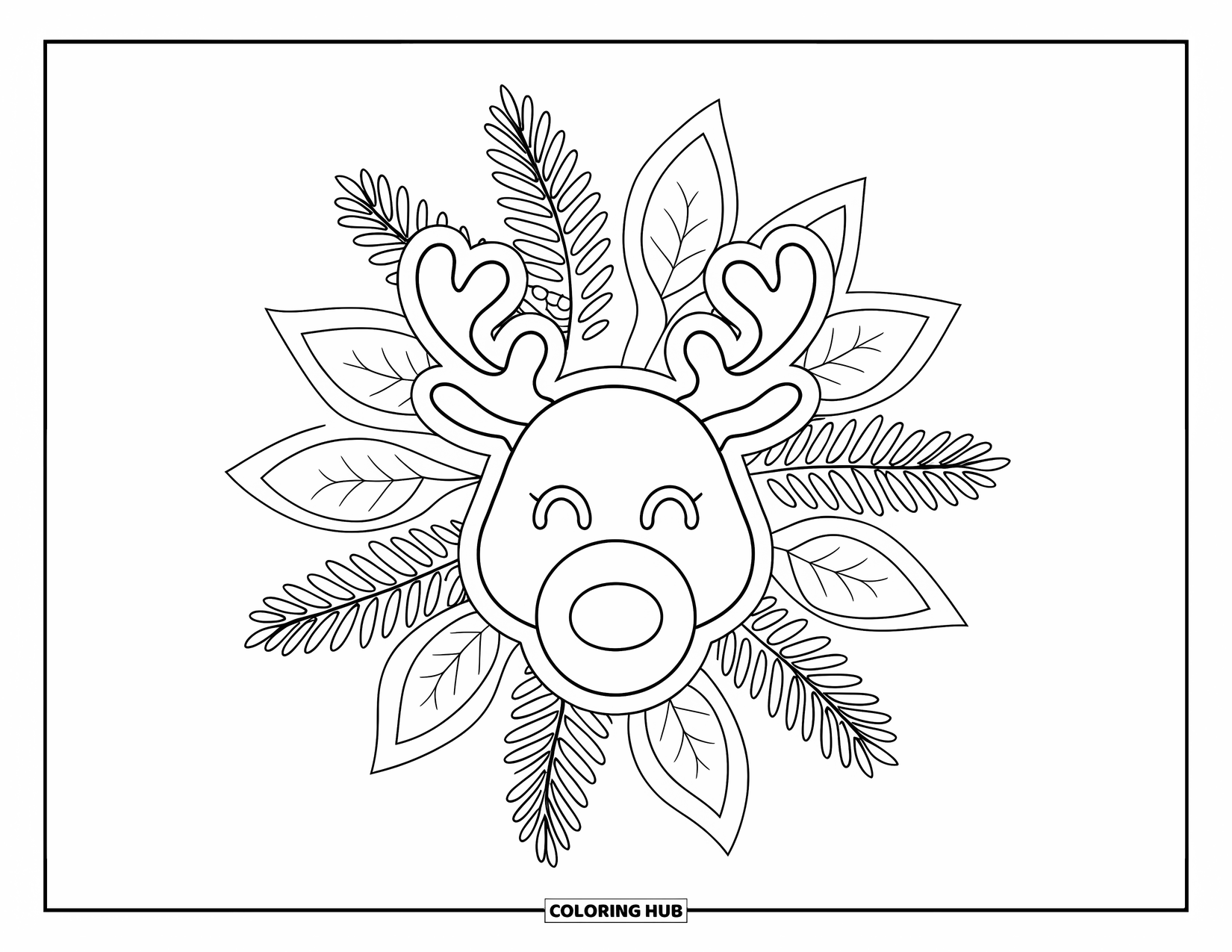 Christmas Cookie Coloring Page for Adults: A cute reindeer cookie is surrounded by fern leaves and curved mandala shapes