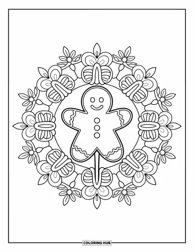 Christmas Cookie Coloring Page for Adults: A gingerbread cookie on a stick is surrounded by a mandala of flowers and leaves