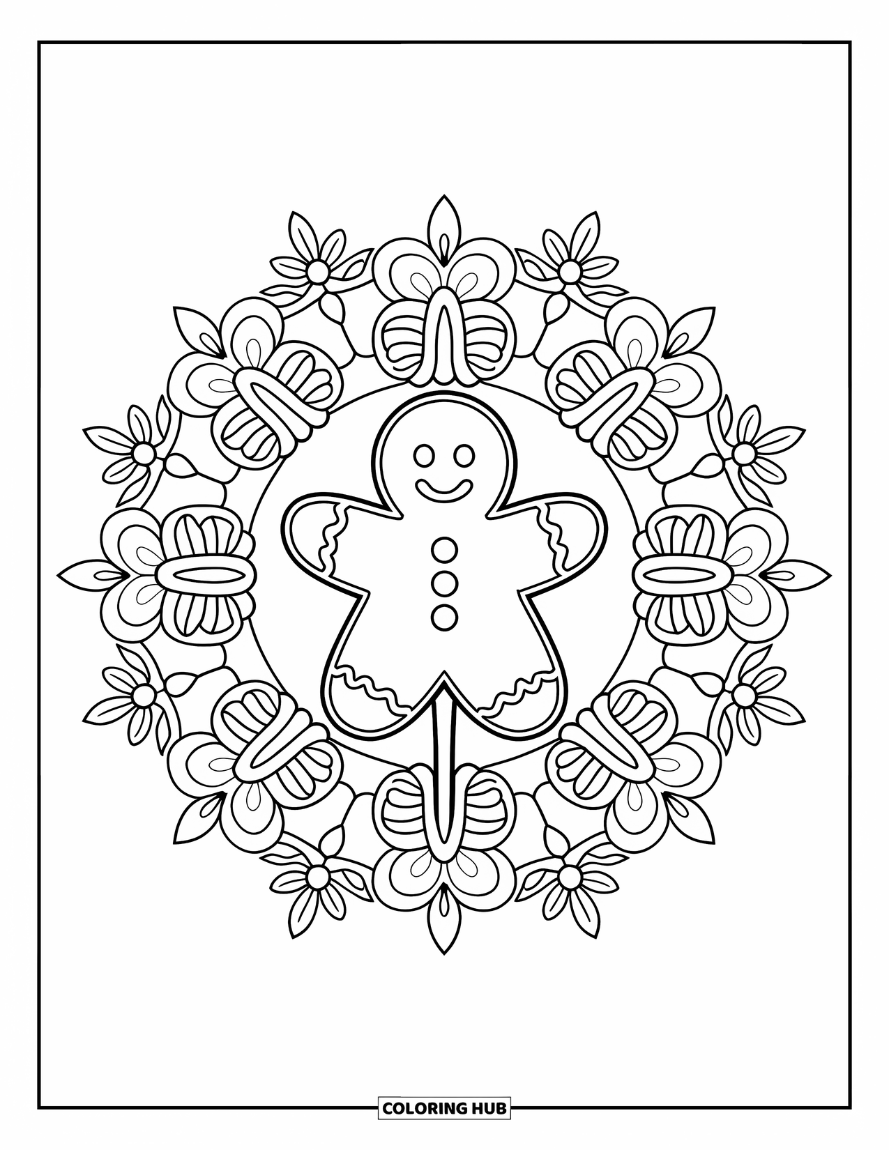 Christmas Cookie Coloring Page for Adults: A gingerbread cookie on a stick is surrounded by a mandala of flowers and leaves