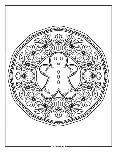 Christmas Cookie Coloring Page for Adults: A gingerbread cookie sits in the center of a floral mandala with leaves and swirls